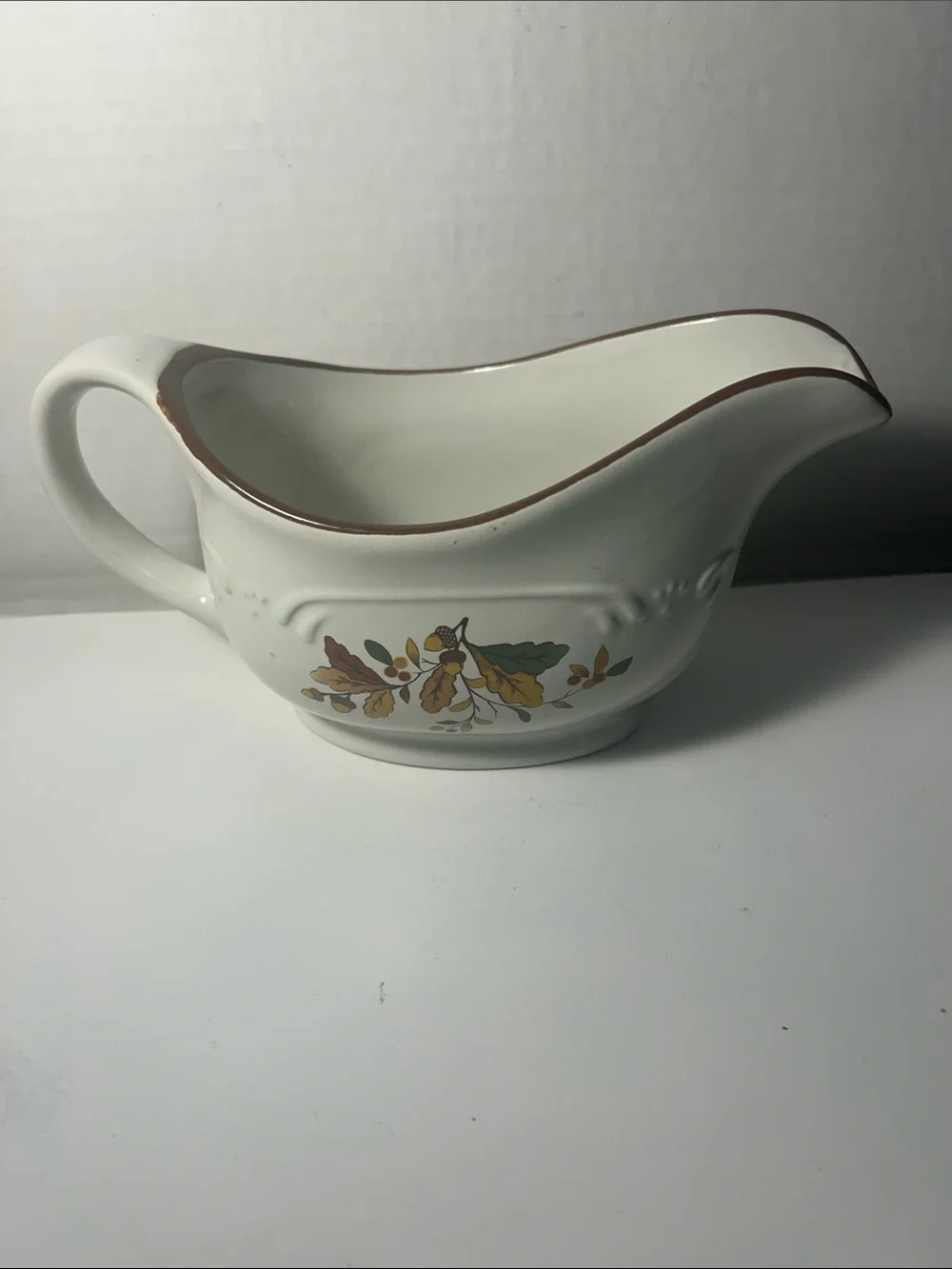 Pfaltzgraff White Gravy Boat with Brown Rim and Autumn Leaf Motif